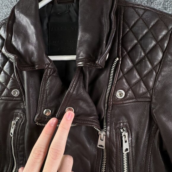 Allsaints Leather Jacket Brown Women Size 4 Zip Pockets Grunge Catch Biker - Picture 11 of 16